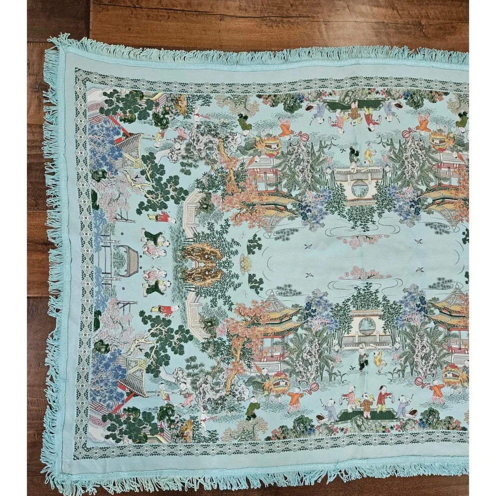 RARE VTG Brocaded Scenic Silk Chinese Tapestry Tablecloth Turquoise Fringe 55x38